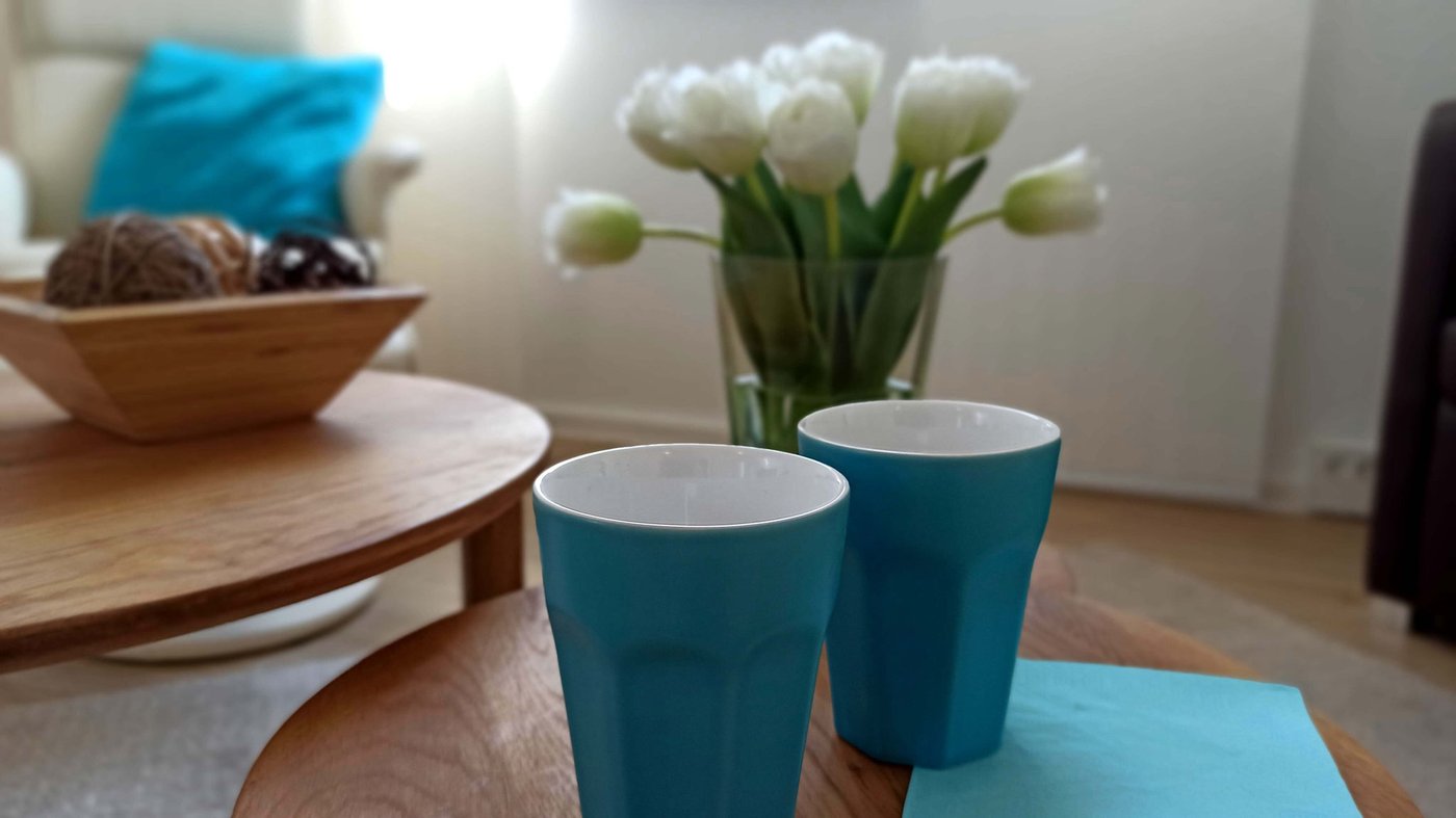 Türkise Becher mit Tulpen